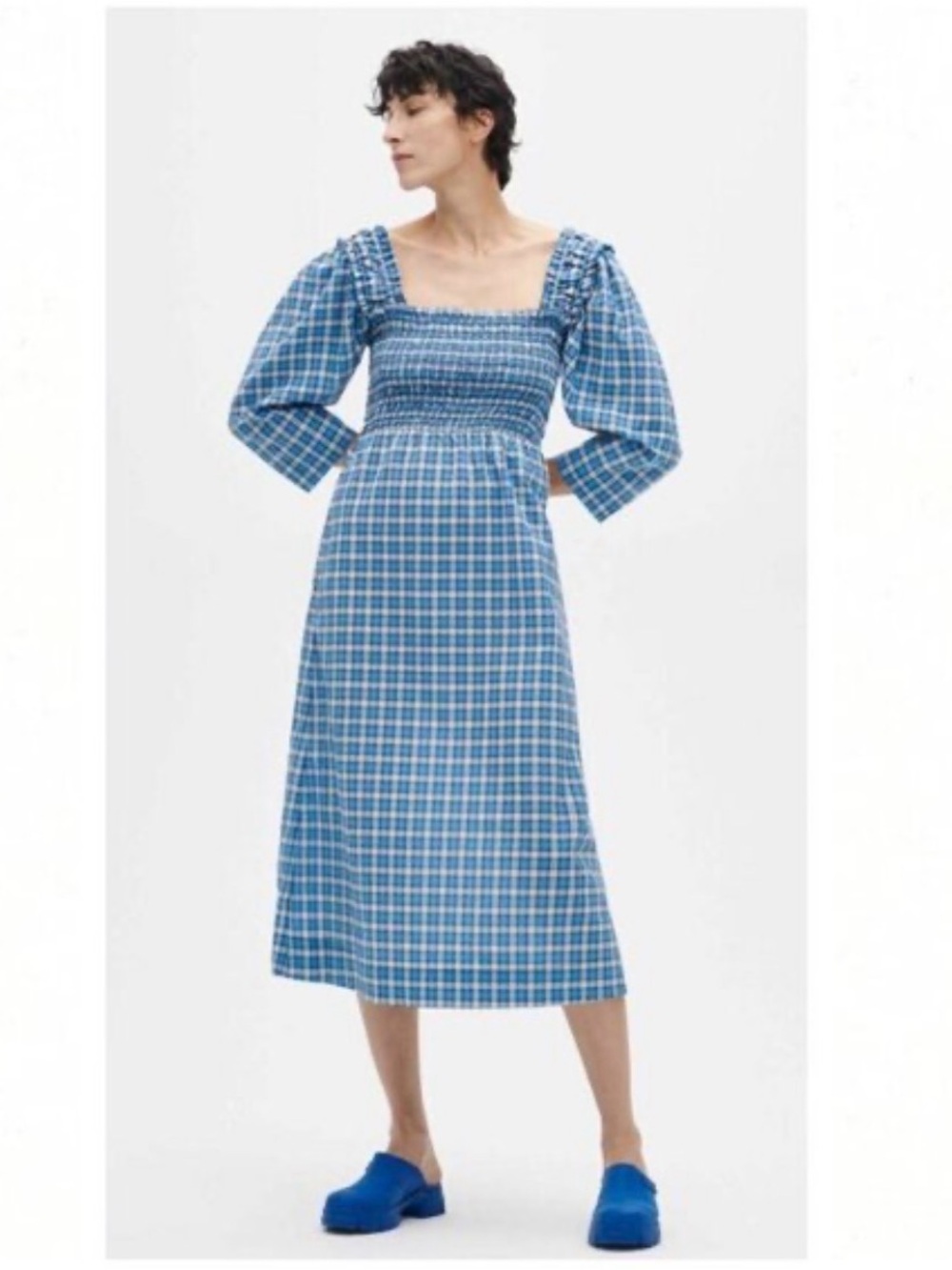 GANNI Seersucker azure blue check smocked midi dress